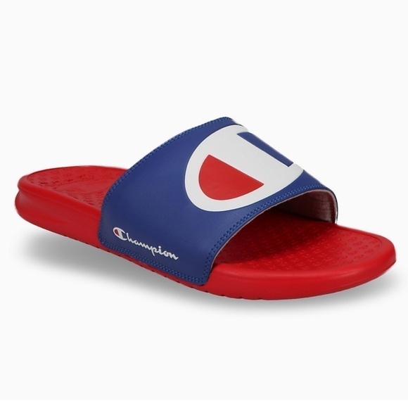 NWT Champion Super Slide Logo Comfort Sandals Red Blue - Picture 1 of 5
